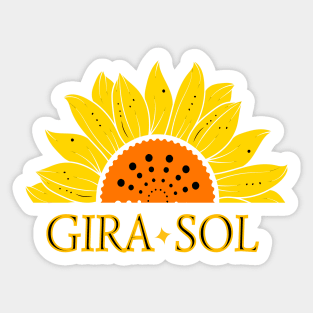 Half sunflower. Half sunflower. Word Sunflower in Spanish and golden strokes. Sticker